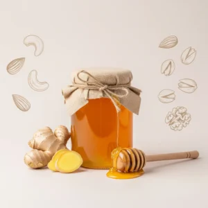 Raw organic Ginger honey in glass jar – infused with natural ginger for health benefits