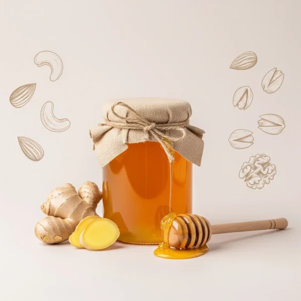 Raw organic Ginger honey in glass jar – infused with natural ginger for health benefits